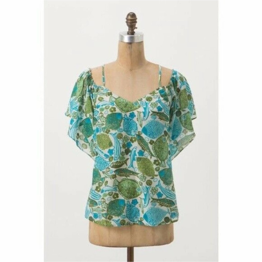 Vanessa Virginia Anthropologie Puget Sound Fish
Print Cold Shoulder Top Blouse 8